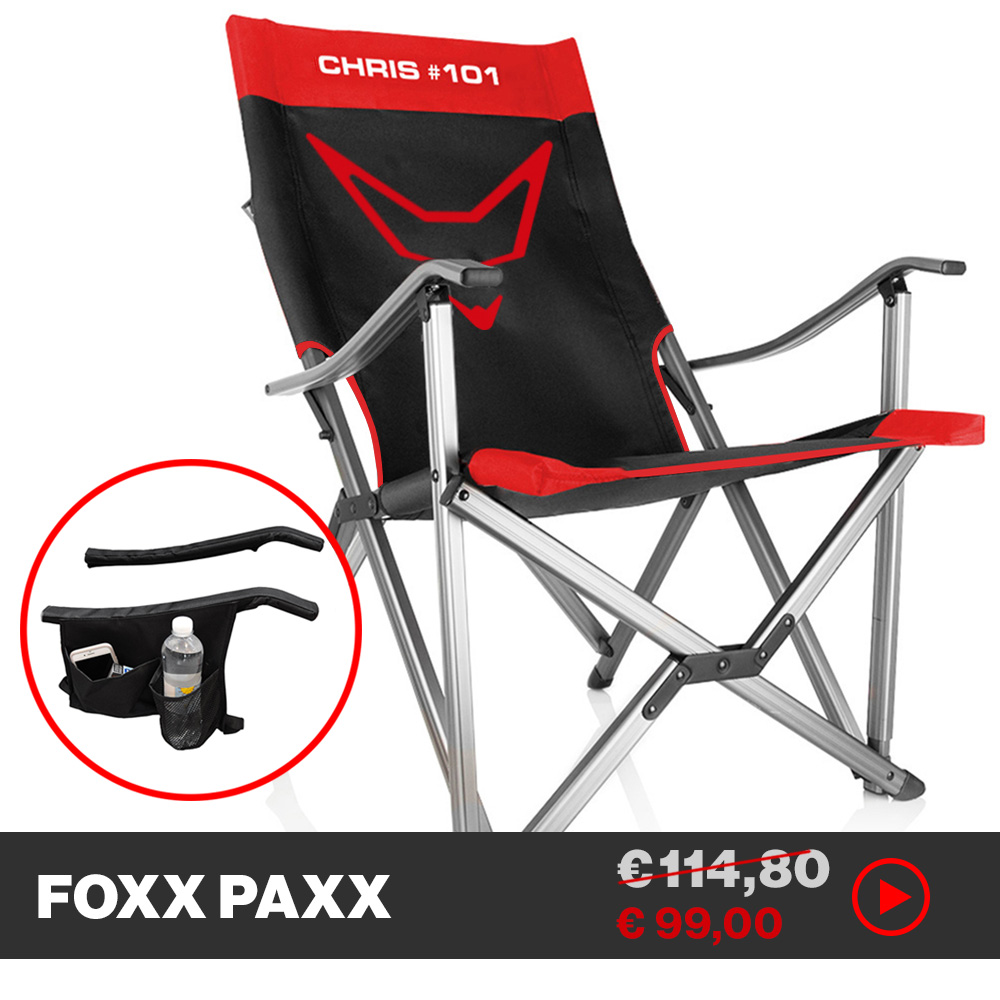 RACEFOXX Outdoor Stuhl, schwarz/rot, mit Aufdruck und Getränkehalter