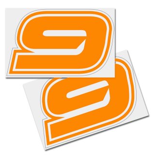 Race Number Sticker, set of 2, font Brünn, # 9, orange