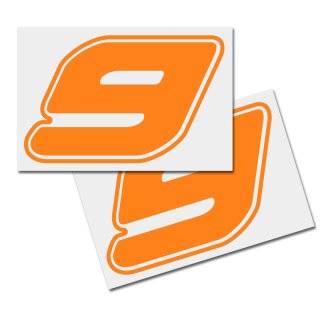 Race Number Sticker, set of 2, font  Assen, # 9 orange