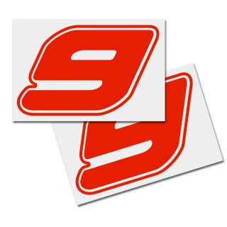 Race Number Sticker, set of 2, font  Assen, # 9 red